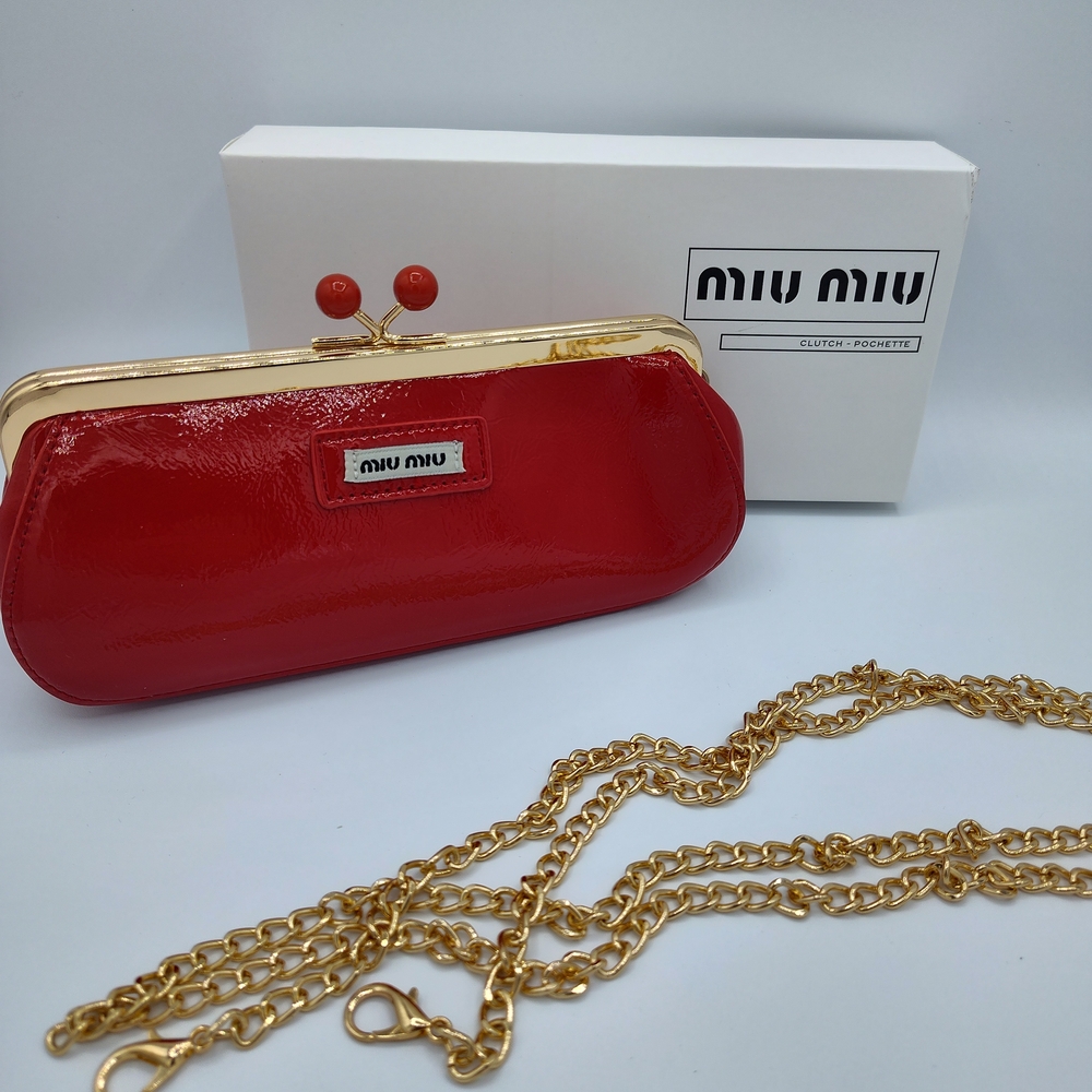 MIU MIU Red Patent Kiss-Lock Chain Clutch Purse w/ Box & Gold Hardware NIB NIP